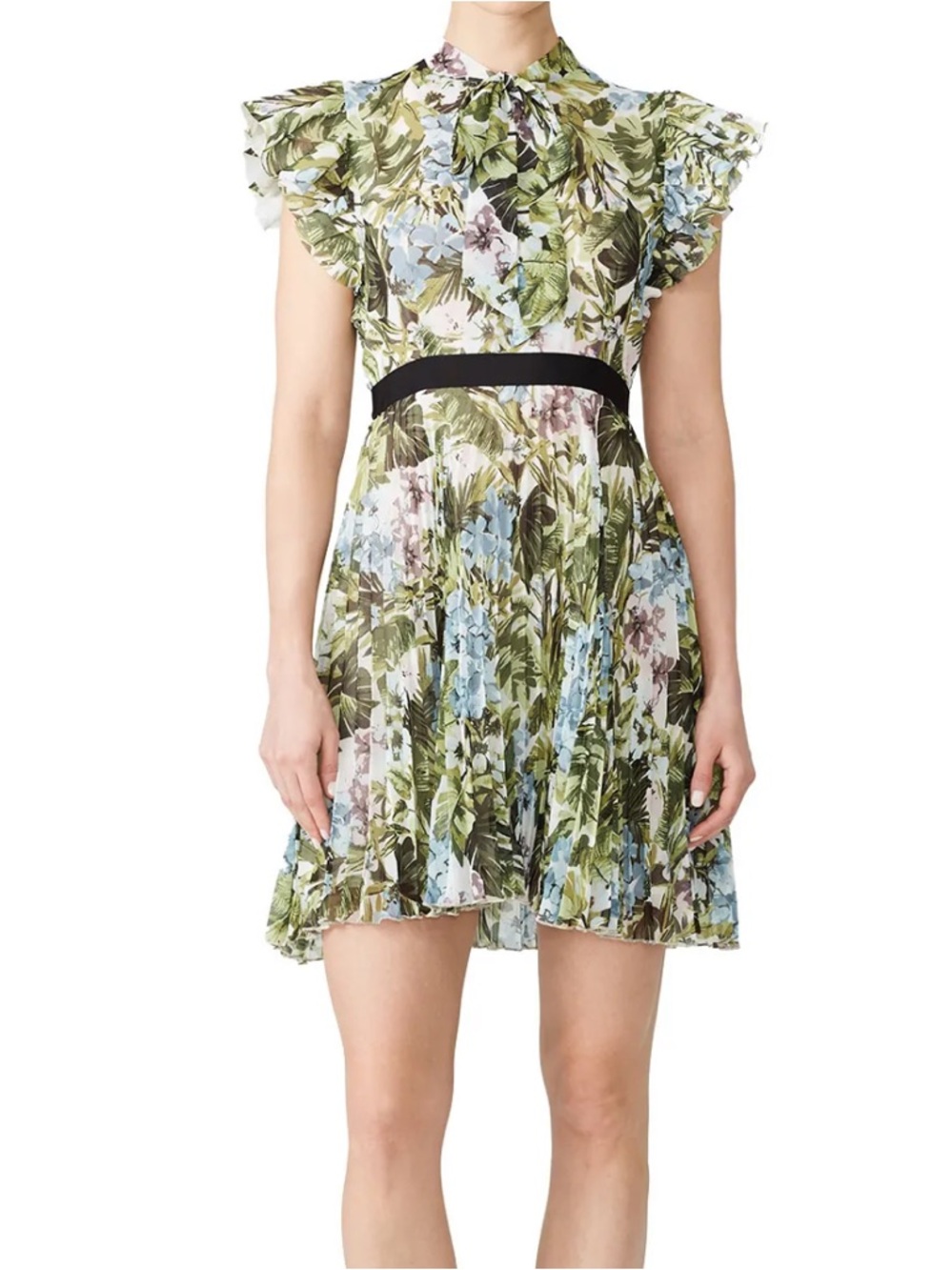 PINKO Arleen Jungle Floral Flutter Sleeve Tie Neck Mini Dress Italy US Size  6
